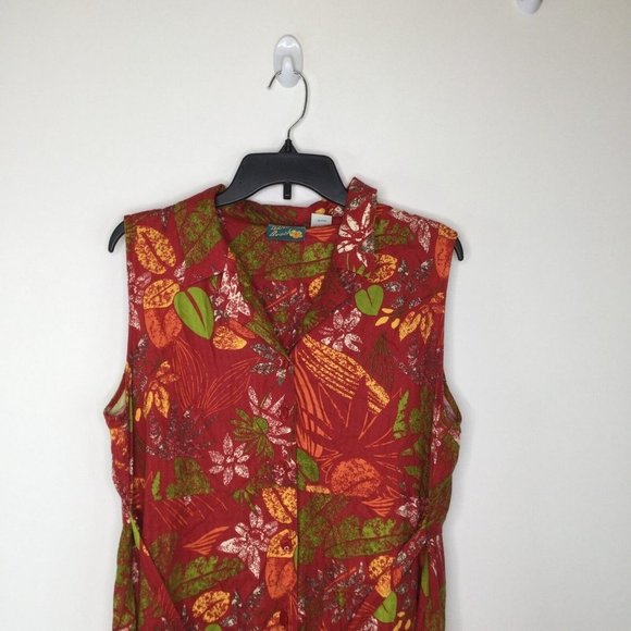 Bahama Beach Maxi Dress Women Medium Red Button-Down Floral Sleeveless Waist Tie - Picture 2 of 10
